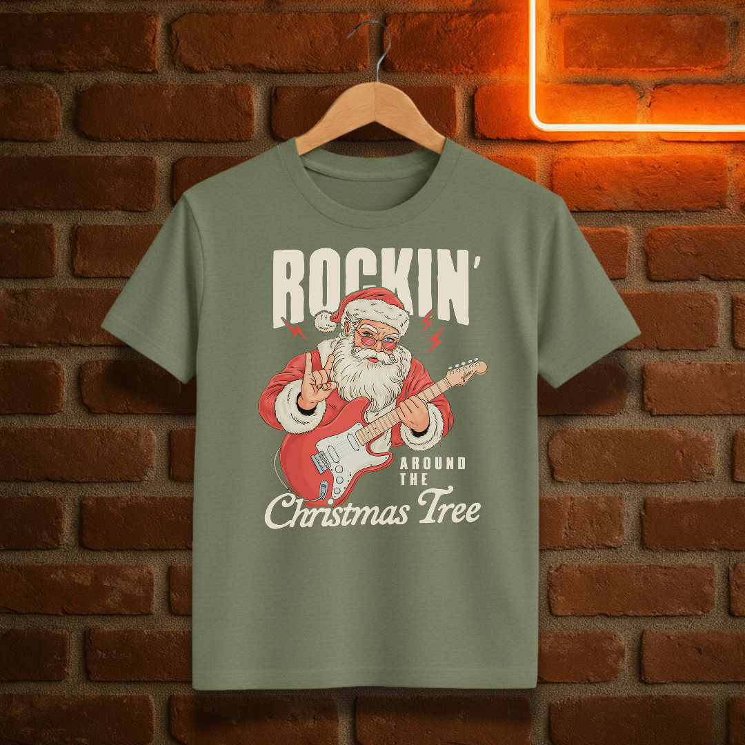 Rockin’ Around the Christmas Tree T-Shirt | Vintage Santa Guitar Christmas Tee