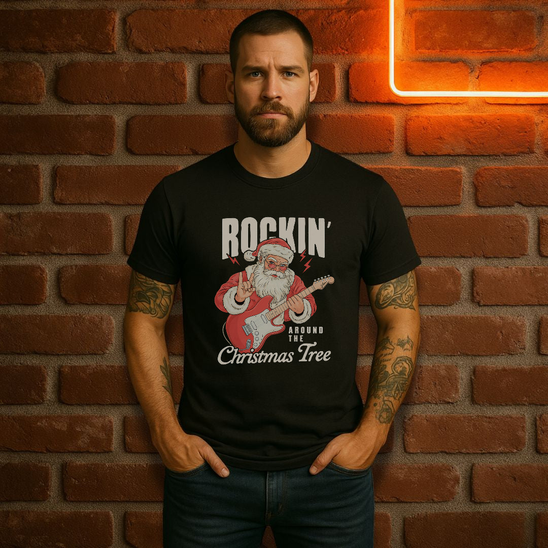 Rockin’ Around the Christmas Tree T-Shirt | Vintage Santa Guitar Christmas Tee