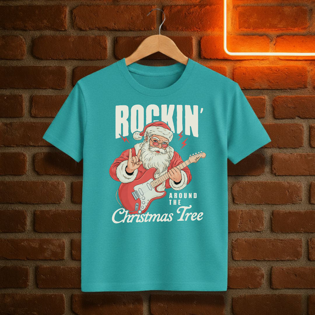 Rockin’ Around the Christmas Tree T-Shirt | Vintage Santa Guitar Christmas Tee