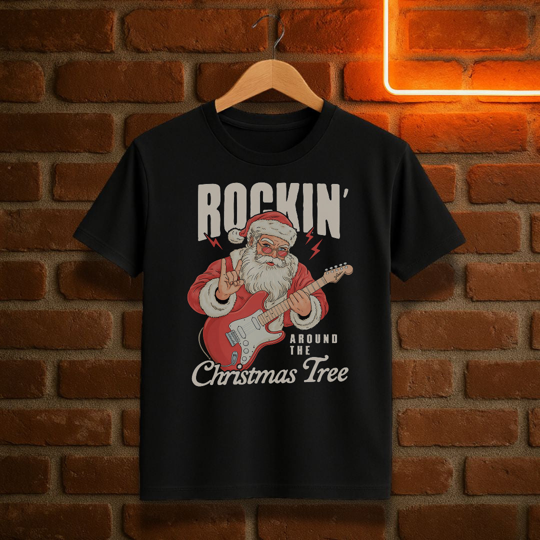 Rockin’ Around the Christmas Tree T-Shirt | Vintage Santa Guitar Christmas Tee