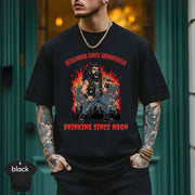 Screaming Since Soundcheck Drinking Since Noon | Funny Rock Singer Shirt worn by a tattooed man in a stylish outdoor setting.