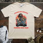 Screaming Since Soundcheck Drinking Since Noon | Funny Rock Singer Shirt featuring a cartoonish musician with vibrant flames.