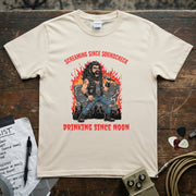 Screaming Since Soundcheck Drinking Since Noon | Funny Rock Singer Shirt featuring a cartoonish musician with vibrant flames.