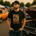 Rock Out With My **** Out | Funny Guitar Rock Music T-Shirt on a man at a car show, showcasing fun rock attitude.