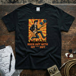 Rock Out With My **** Out | Funny Guitar Rock Music T-Shirt featuring a guitarist in action with vibrant colors.