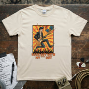 Rock Out With My **** Out | Funny Guitar Rock Music T-Shirt featuring a guitarist in action with a vibrant design.