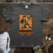 Rock Out With My **** Out | Funny Guitar Rock Music T-Shirt featuring a rocker playing guitar with vibrant colors.