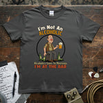 I’m Not An Alcoholic I’m At The Bar | Funny Drinking Humor T-Shirt featuring a playful graphic of a man with a beer.