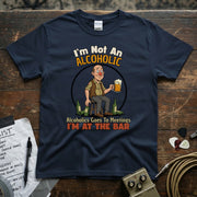 I’m Not An Alcoholic I’m At The Bar | Funny Drinking Humor T-Shirt design featuring a cheerful character with a beer.
