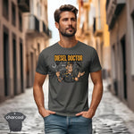 Diesel Doctor | Funny Diesel Mechanic Workwear T-Shirt worn by a man in a charcoal tee on a city street.