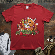 Christmas Cat / Kitten Playing With Lights Shirt featuring a playful cat with holiday lights on a vibrant red tee.