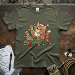 Christmas Cat / Kitten Playing With Lights Shirt featuring a playful cat with colorful lights and holiday decorations.