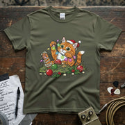 Christmas Cat / Kitten Playing With Lights Shirt featuring a playful cat with colorful lights and holiday decorations.