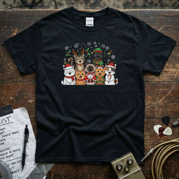 Christmas Cats Group / Holiday Cat Squad Shirt featuring adorable cats in festive attire on a black tee.