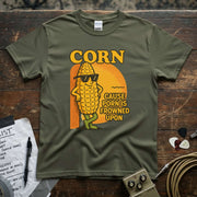 Corn – ’Cause Porn Is Frowned Upon Shirt in olive green, featuring a cool corn character and vibrant print.