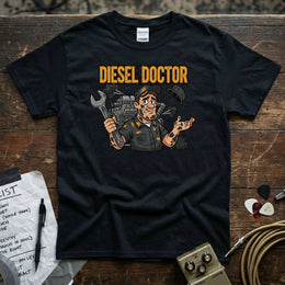 Diesel Doctor | Funny Diesel Mechanic Workwear T-Shirt featuring a cartoon mechanic holding a wrench.