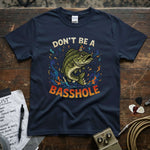Image of a navy shirt featuring a humorous fish design with the text 