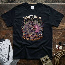 Don’t Be a Hippo-Twatamus Shirt displayed on a black tee with vibrant graphic print, ideal for everyday wear.