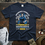 Female Mechanics Rock | Empowered & Geared Up Women Mechanic T-Shirt in navy with graphic design, perfect for proud female mechanics.
