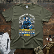 Empowered & Geared Up Women Mechanic T-Shirt featuring the text Female Mechanics Rock on a stylish tee.