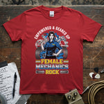 Female Mechanics Rock | Empowered & Geared Up Women Mechanic T-Shirt on a red tee, showcasing a confident woman mechanic.