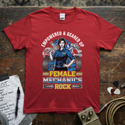 Female Mechanics Rock | Empowered & Geared Up Women Mechanic T-Shirt on a red tee, showcasing a confident woman mechanic.