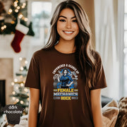 Female Mechanics Rock | Empowered & Geared Up Women Mechanic T-Shirt modeled by a confident woman in a cozy setting.