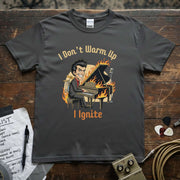 I Don’t Warm Up I Ignite | Funny Piano Player Musician Shirt featuring a dynamic piano player with flames.