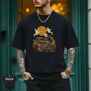 Ghost Hot Rod Halloween Shirt featuring a ghostly car design, soft black tee for Halloween enthusiasts.