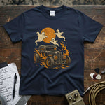 Ghost Hot Rod Halloween Shirt featuring ghosts and flames on a navy tee, perfect for Halloween celebrations.