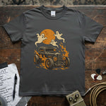 Ghost Hot Rod Halloween Shirt featuring a classic hot rod with ghosts and a vibrant orange moon.