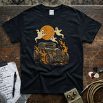 Ghost Hot Rod Halloween Shirt featuring a classic car with ghosts and flames design on a black tee.