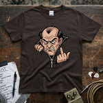 Grumpy Old Man Flipping Middle Finger Shirt featuring an angry character design on a brown tee.