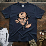 Grumpy Old Man Flipping Middle Finger Shirt with colorful graphic on soft navy tee.