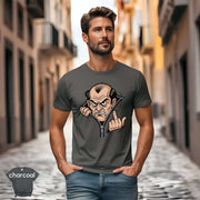 Grumpy Old Man Flipping Middle Finger Shirt modeled by a man in a street wearing a charcoal tee with vibrant print.