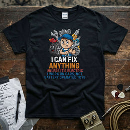 I Can Fix Anything Unless It’s Electric | Funny Mechanic T-Shirt featuring a playful mechanic design on a black tee.