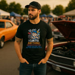 I Can Fix Anything Unless It’s Electric | Funny Mechanic T-Shirt worn by a man at a car show.