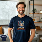 I Can Fix Anything Unless It’s Electric | Funny Mechanic T-Shirt worn by a smiling man in a navy color.