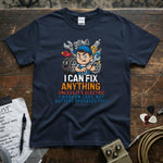 I Can Fix Anything Unless It’s Electric | Funny Mechanic T-Shirt featuring a cartoon mechanic with tools.