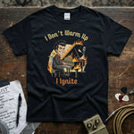 I Don’t Warm Up I Ignite | Funny Piano Player Musician Shirt featuring a fiery piano graphic.