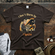 I Don’t Warm Up I Ignite | Funny Piano Player Musician Shirt featuring a musician with flames at a piano.