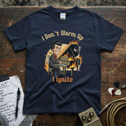 I Don’t Warm Up I Ignite | Funny Piano Player Musician Shirt featuring a cartoon musician playing piano with flames.