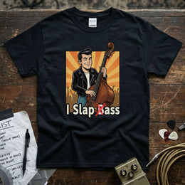 I Slap Bass | Funny Upright Bass Musician Rockabilly T-Shirt featuring a smiling musician with an upright bass.