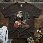 Merry Rockabilly Christmas Shirt featuring a rocking Santa with a guitar, perfect for festive vibes.