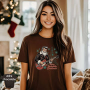 Model wearing a Merry Rockabilly Christmas Shirt featuring a guitar design, perfect for holiday cheer.