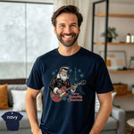 Merry Rockabilly Christmas Shirt featuring a smiling man in a navy tee playing guitar with a festive design.