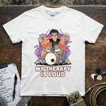 My Therapy Is Loud | Funny Drummer Musician Shirt featuring a cartoon drummer on a white tee.