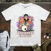 My Therapy Is Loud | Funny Drummer Musician Shirt featuring a cartoon drummer on a white tee.
