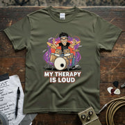 My Therapy Is Loud | Funny Drummer Musician Shirt featuring a vibrant illustration of a drummer.