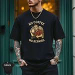 No Coffee No Repairs Mechanic Shirt displayed on a model, showcasing premium quality and modern fit, by Lucky Spark.